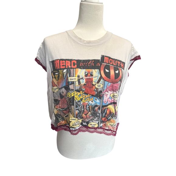 MARVEL DEADPOOL ltd edition tee upcycled to cute cut off shirt w/ red lace trim - Picture 1 of 9
